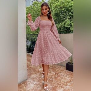 Mauve Swiss Dot Smocked Midi Dress